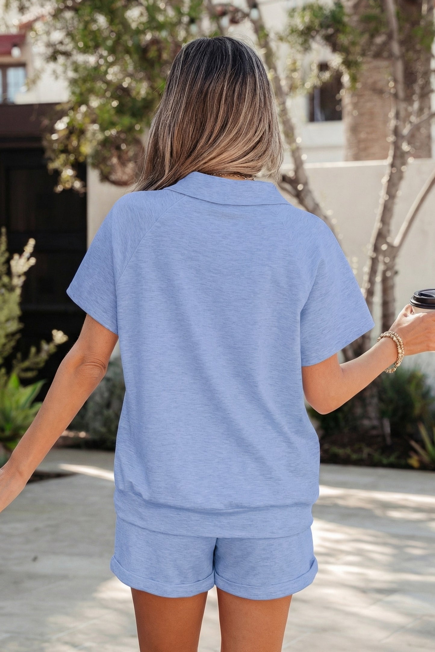 Blue Collared V Neck Tee Drawstring Elastic Waist Shorts 2pc Set