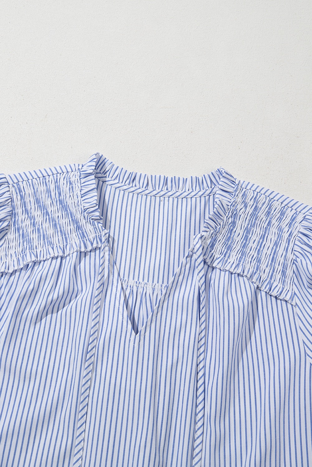 Blue Stripe Shirred Detail V Neck Puff Half Sleeve V Neck Blouse