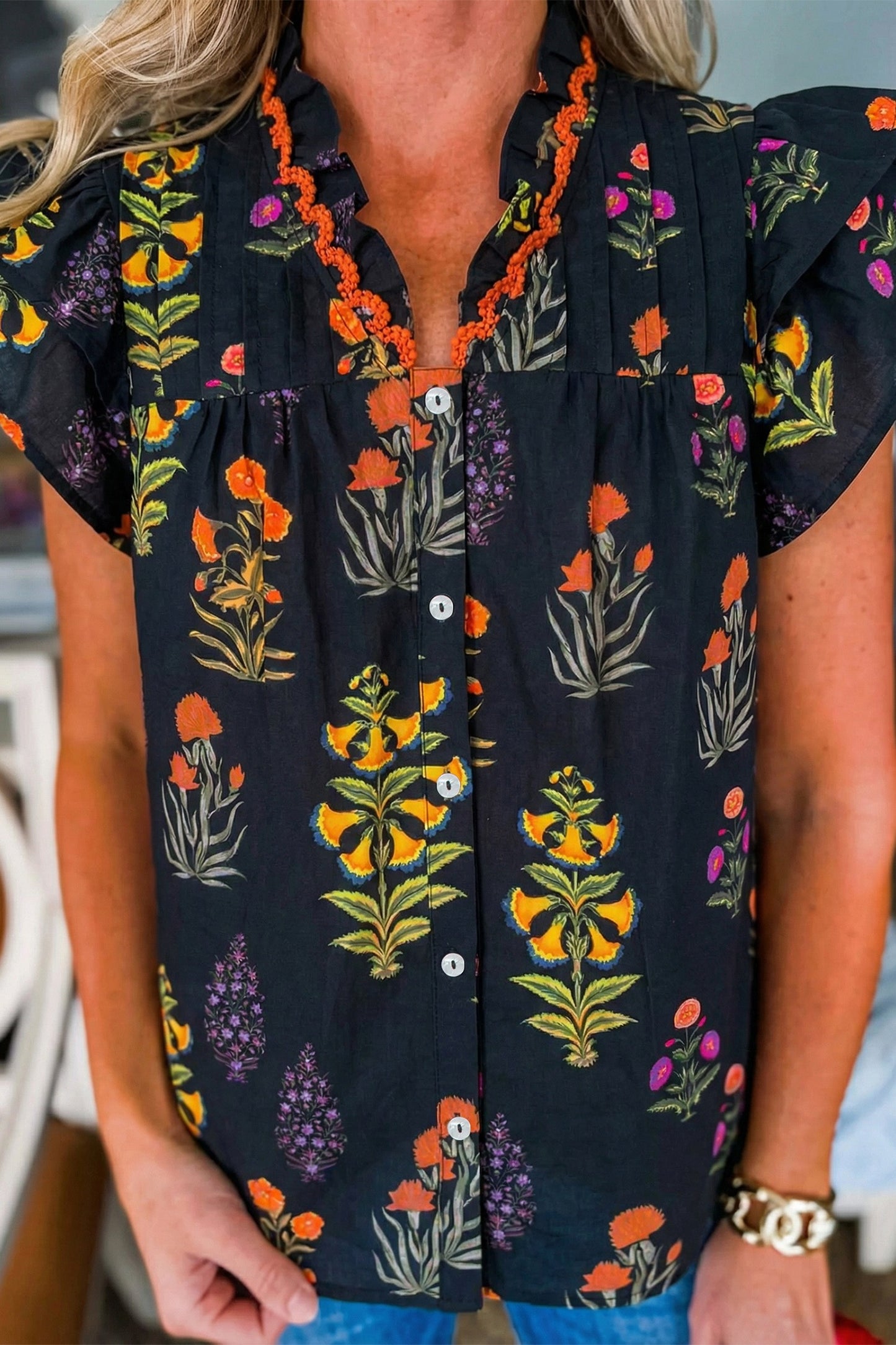 Black Floral Print Lace Trim Frilled V Neck Shirt