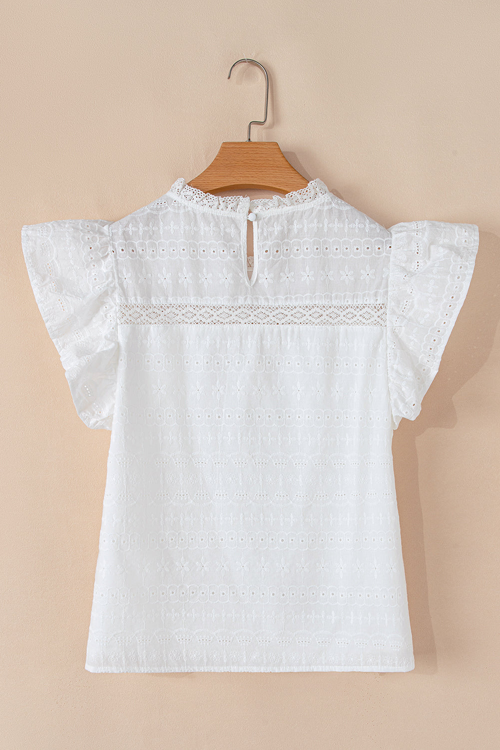 White Lace Neck Flutter Sleeve Eyelet Blouse