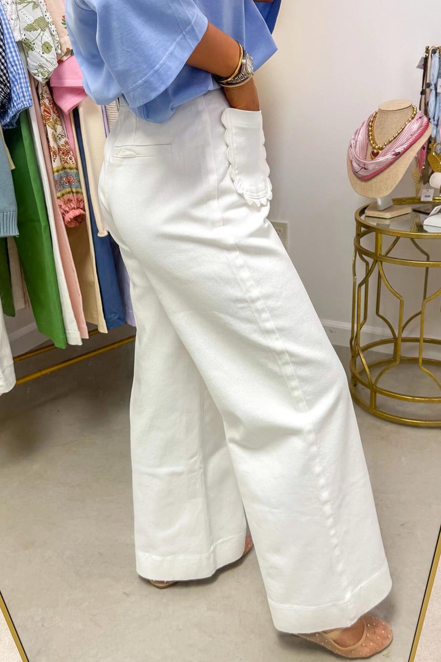 White Print Scalloped Patch Pocket Cotton Shift Pants