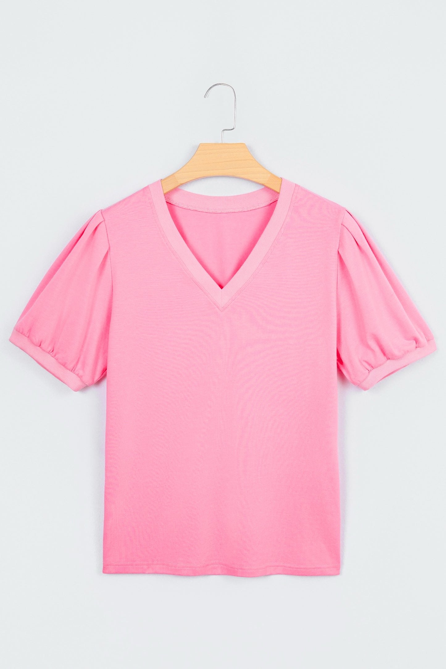 Pink Solid Color V Neck Short Puff Sleeve Blouse