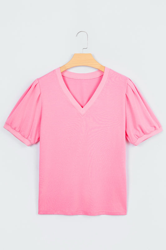 Pink Solid Color V Neck Short Puff Sleeve Blouse