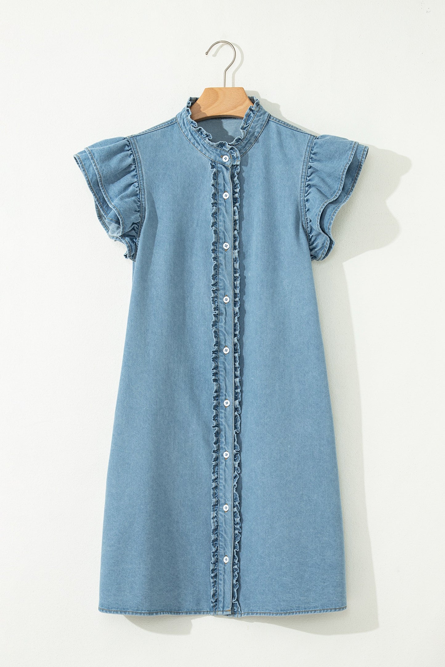 Blue Button Square Neck Short Puff Sleeve Denim Mini Dress