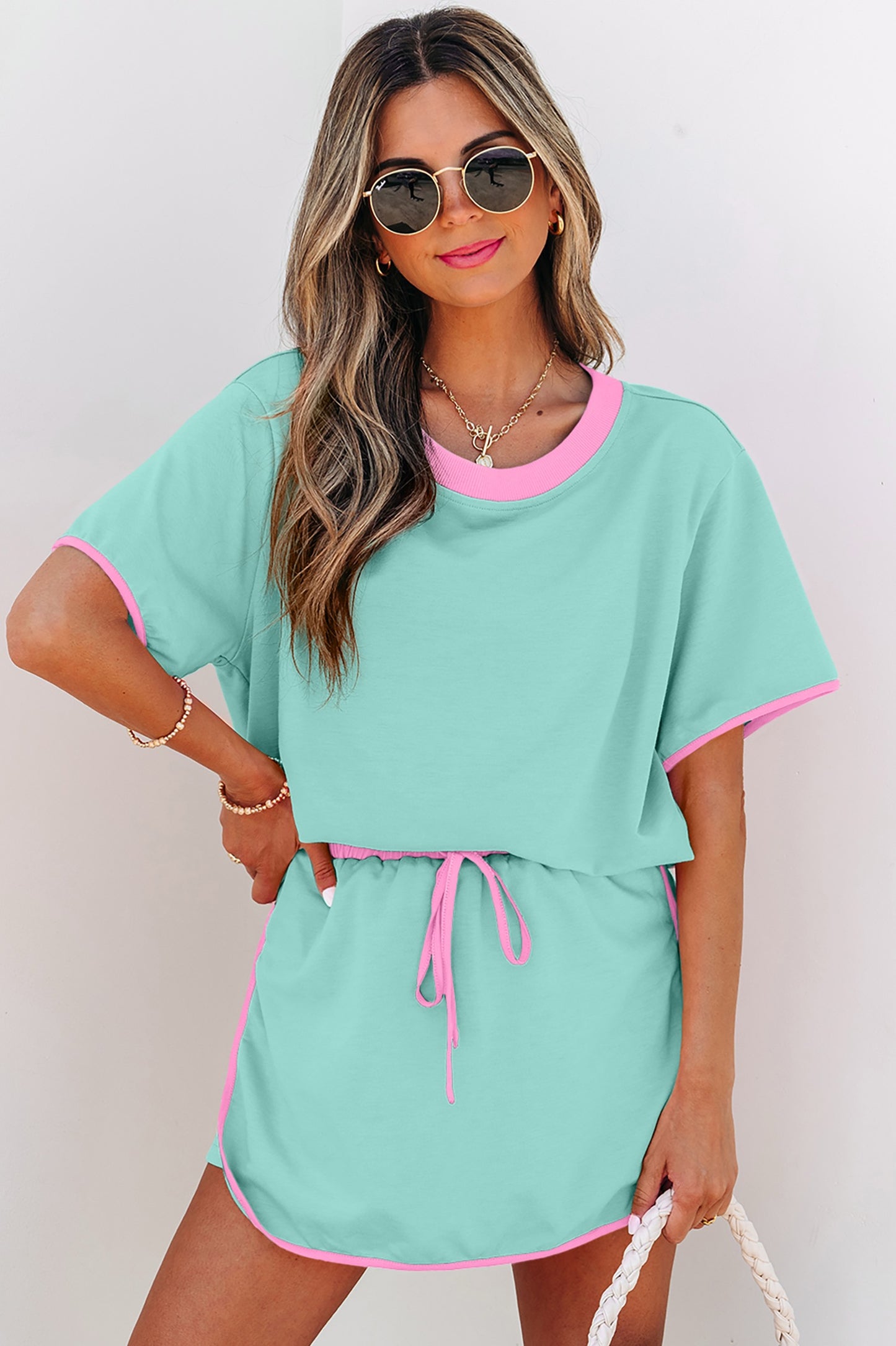 Jade Colorblock Edge Drop Shoulder T Shirt and Skort 2Pcs Set