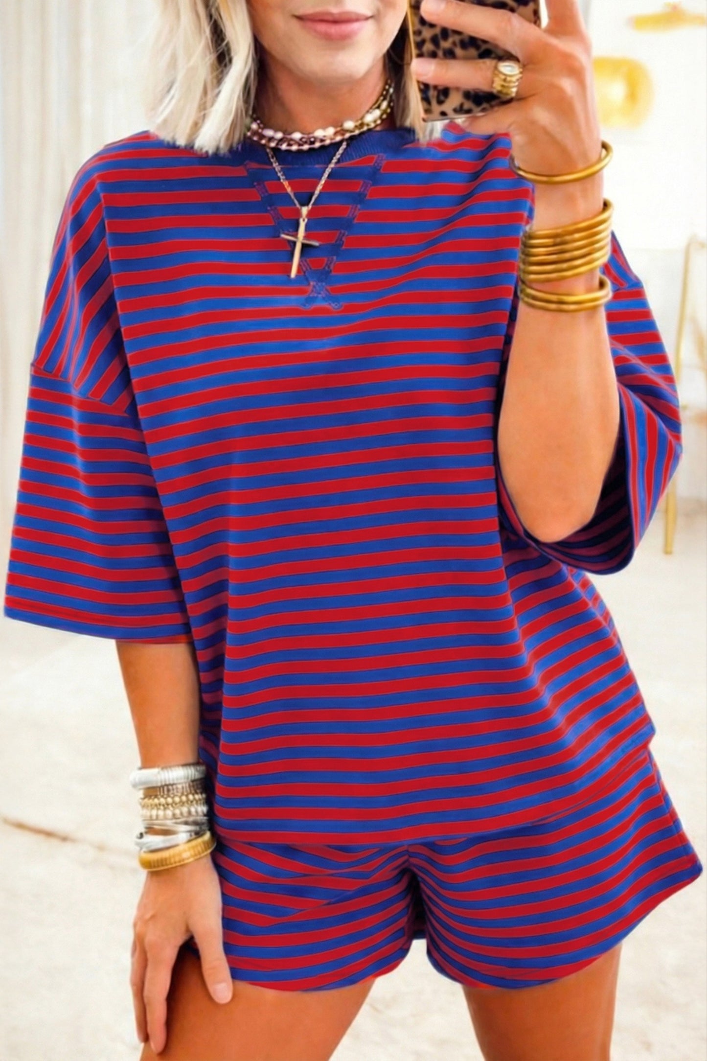 Navy Stripe Striped Ribbed Cotton Two- Piece Short Set