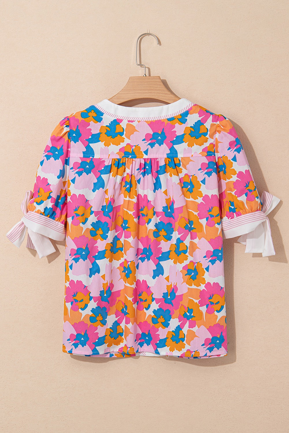 White Floral Striped Edge Short Sleeve Blouse