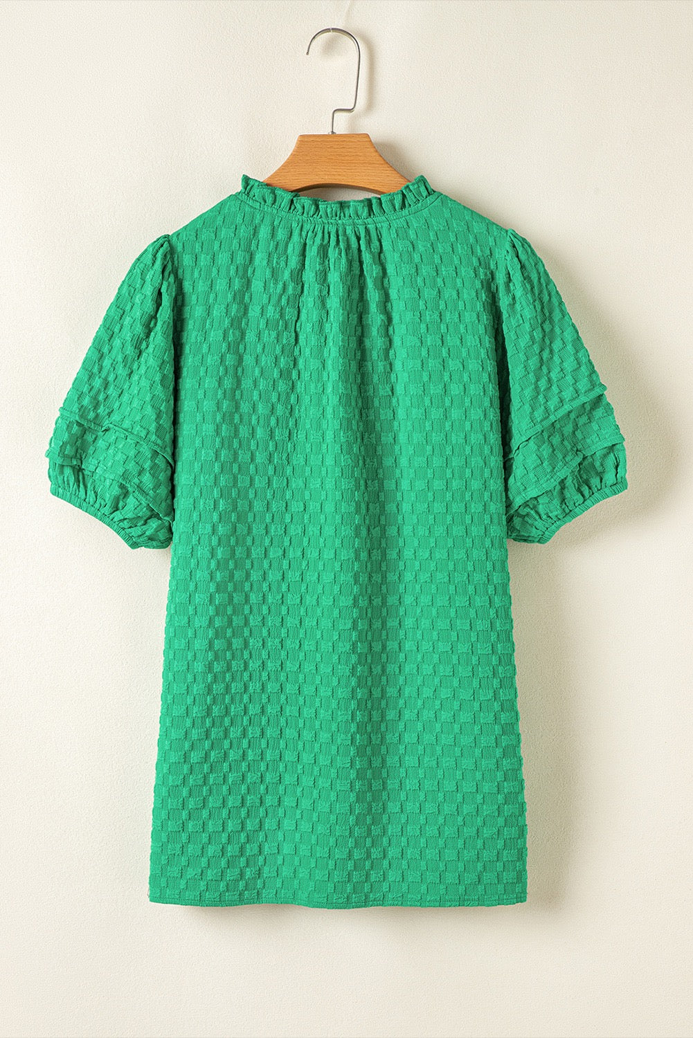 Green Textured Top with Puff Sleeves