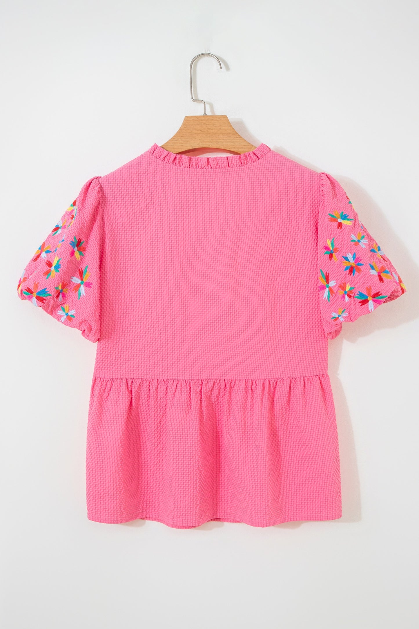 Pink Frilled V Neck Flower Embroidered Puff Sleeve Textured Top