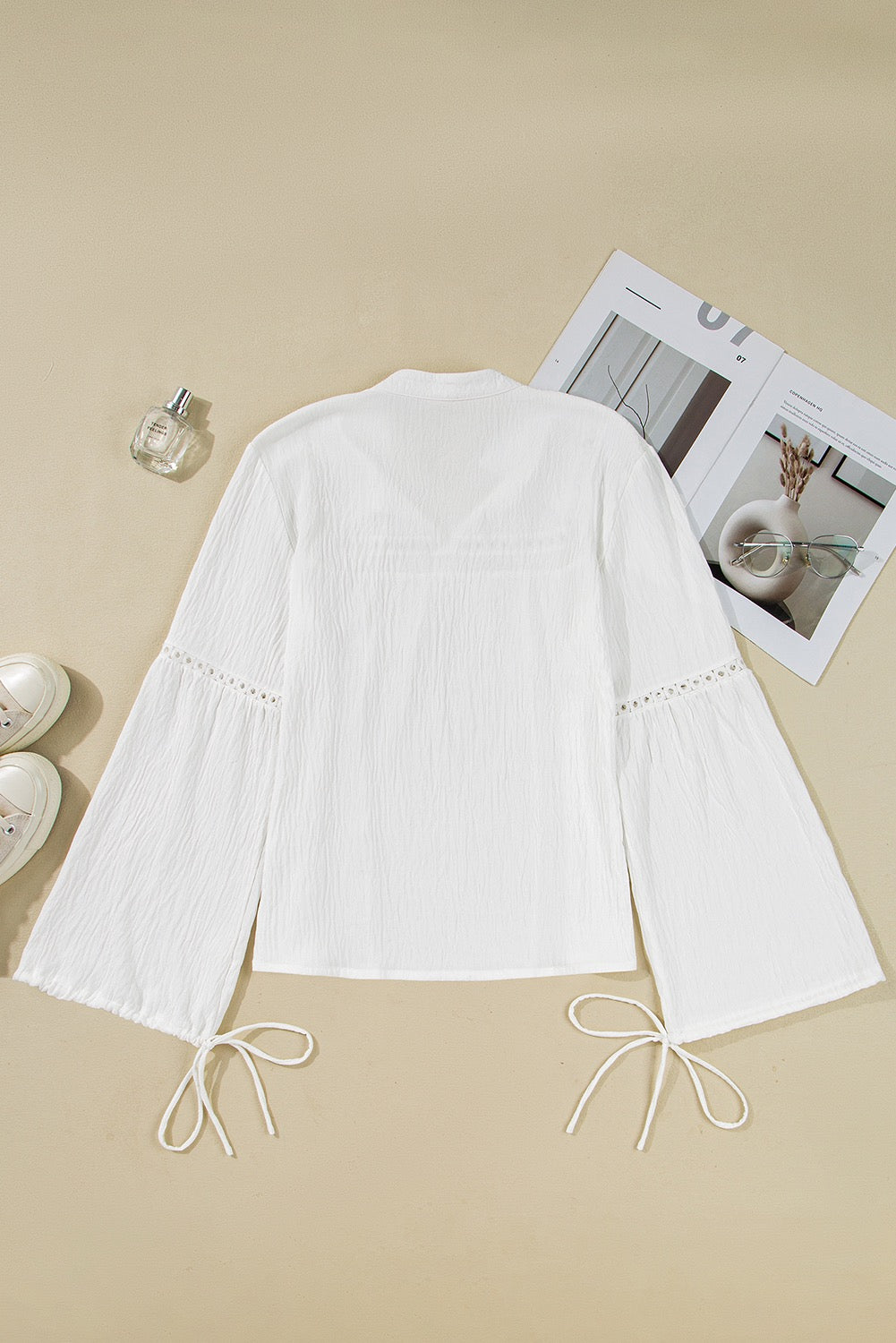 White Drawstring Lace Detail Puff Sleeve Split Neck Fall Blouse