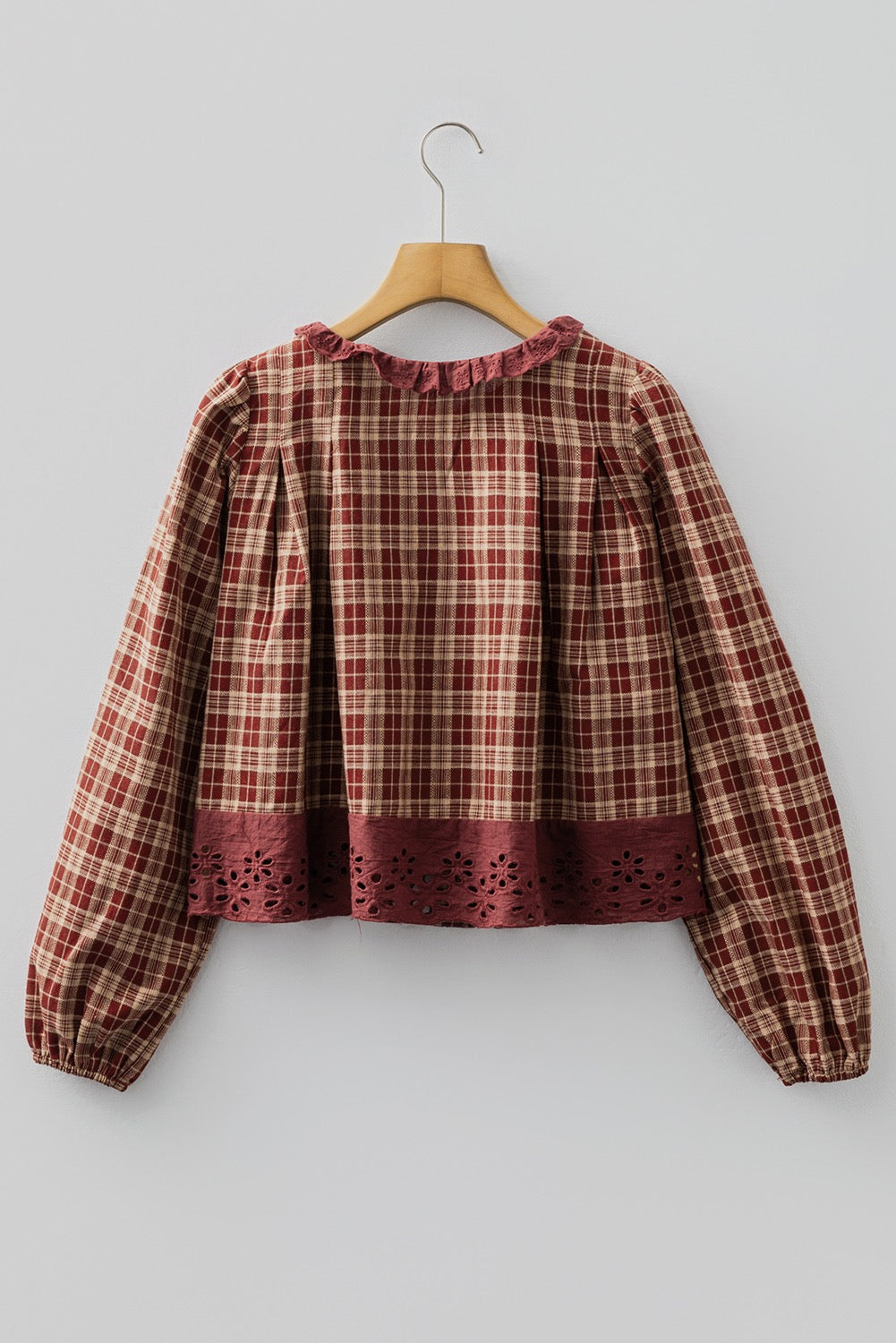 Plaid Eyelet Lace Trim Button Down Loose Long Sleeve Shirt