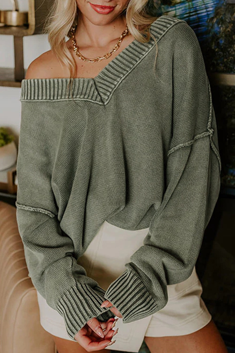 Four Leaf Clover Mineral Wash V Neck Knit Exposed Seam Drop Shoulder Loose Sweater