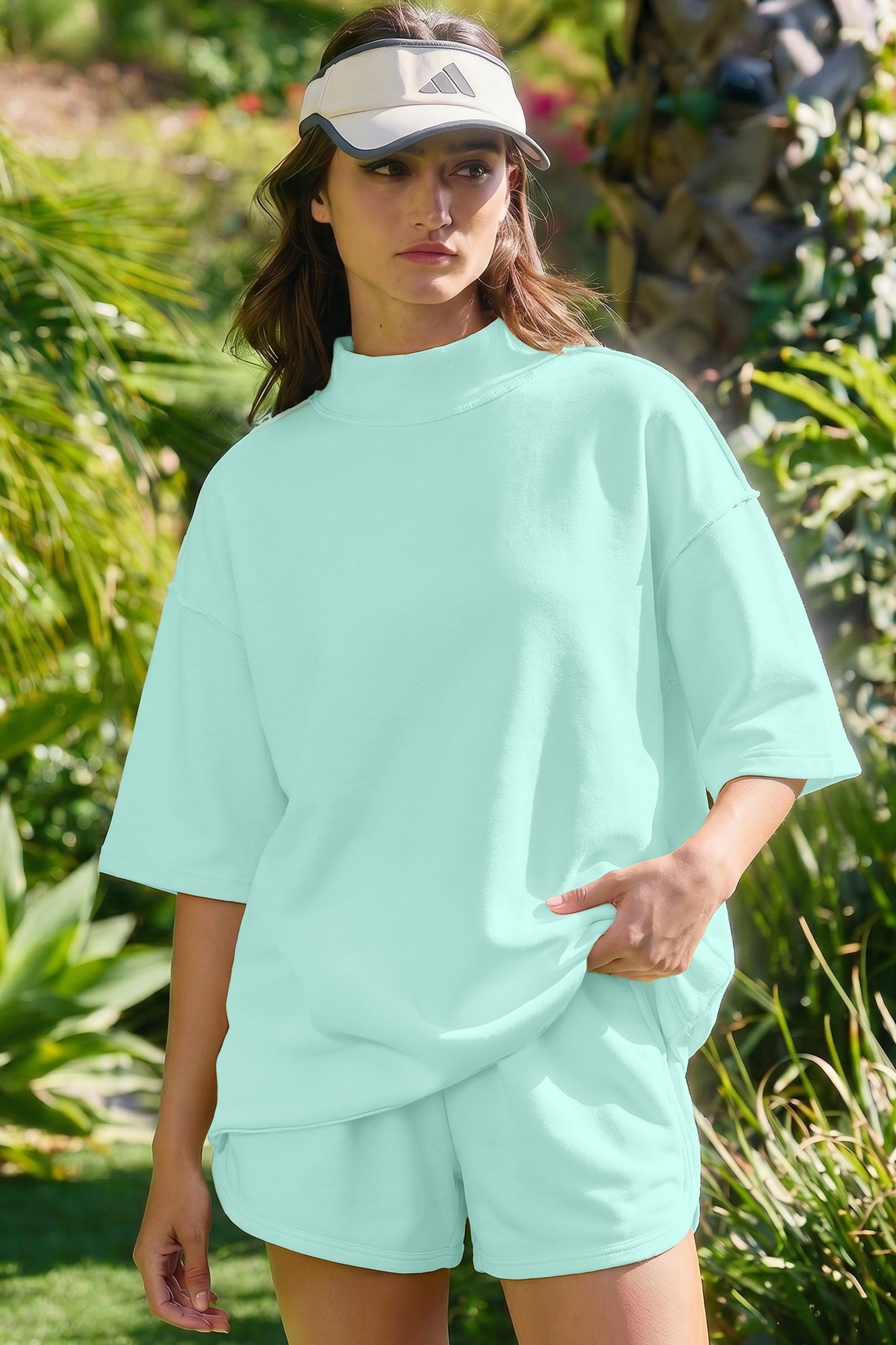 Jade Cream Solid Color Exposed Seam Mock Neck Oversize Tee Casual Shorts 2pcs Set