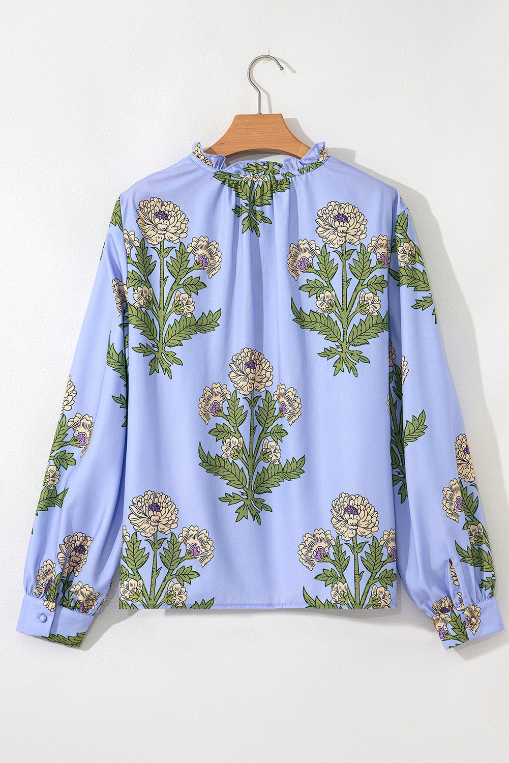 Blue Floral Print Button Tie Neck Long Sleeve Blouse