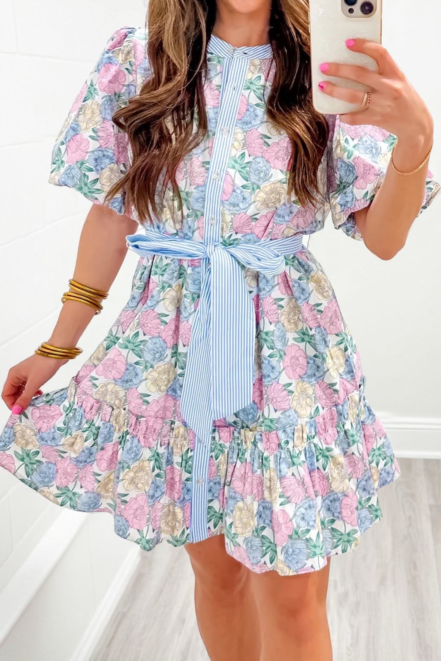 Floral Print Striped Trim Belted Dress