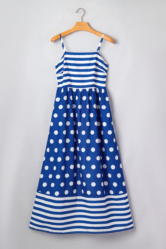 Blue Striped Polka Dot Patchwork High Waist Spaghetti Straps Maxi