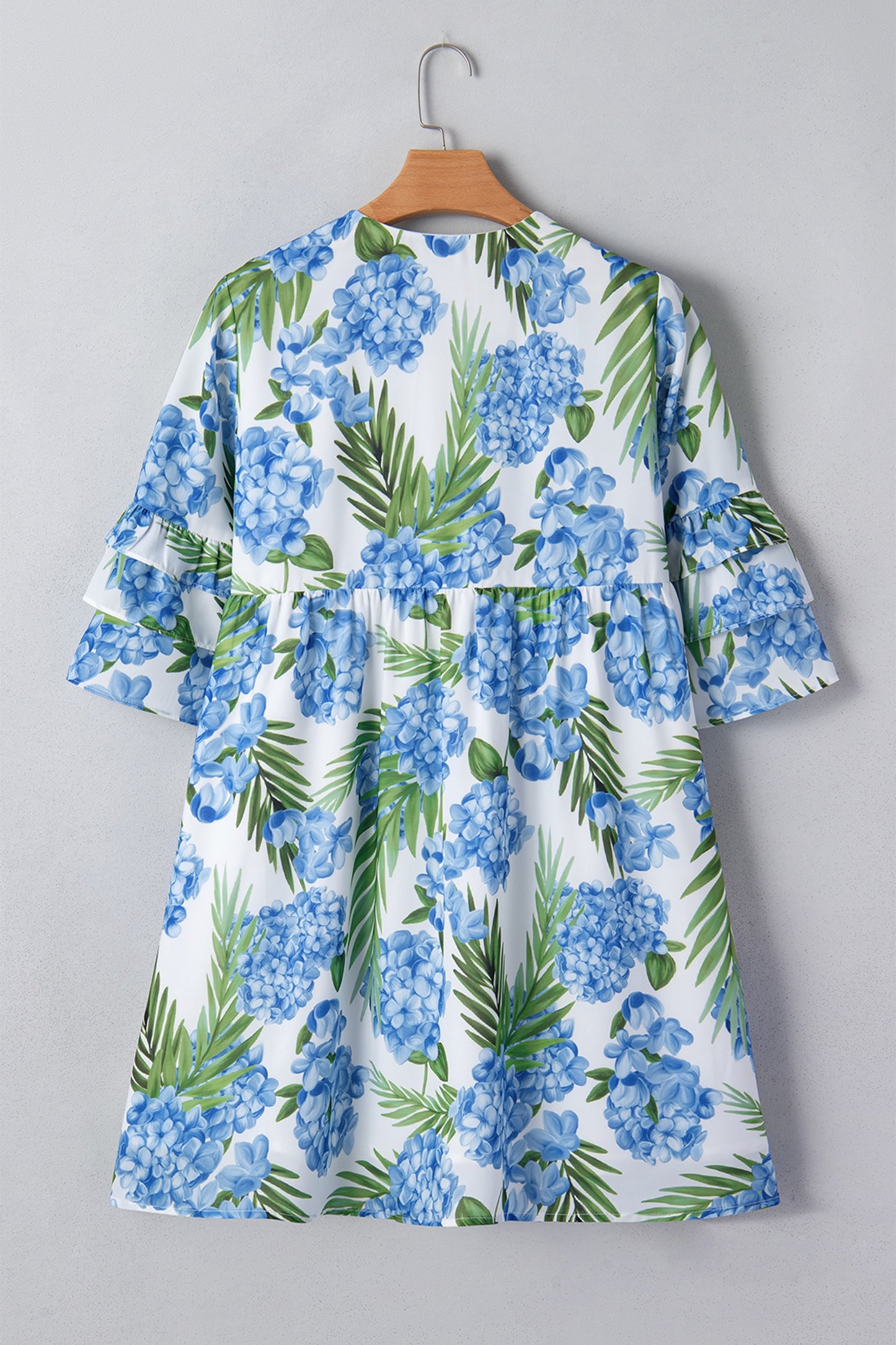 Blue Palm Floral Print Ribbon Knot Ruffle Tiered Sleeve Dress