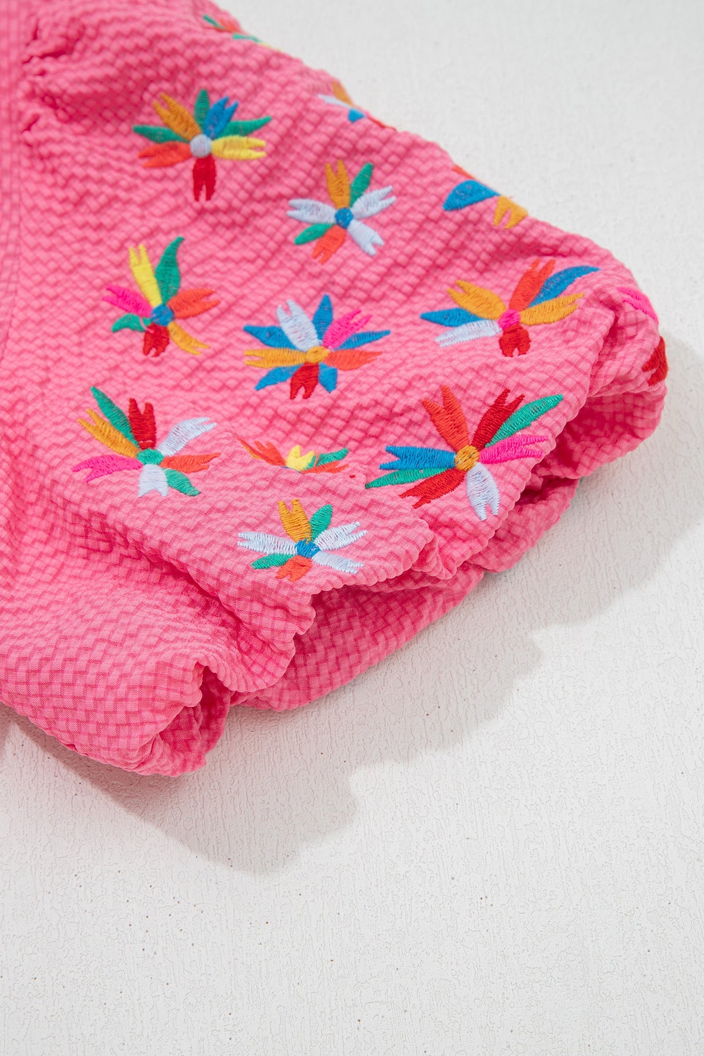 Pink Frilled V Neck Flower Embroidered Puff Sleeve Textured Top