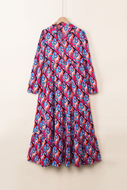 Abstract Geometric Long Sleeve Maxi Dress
