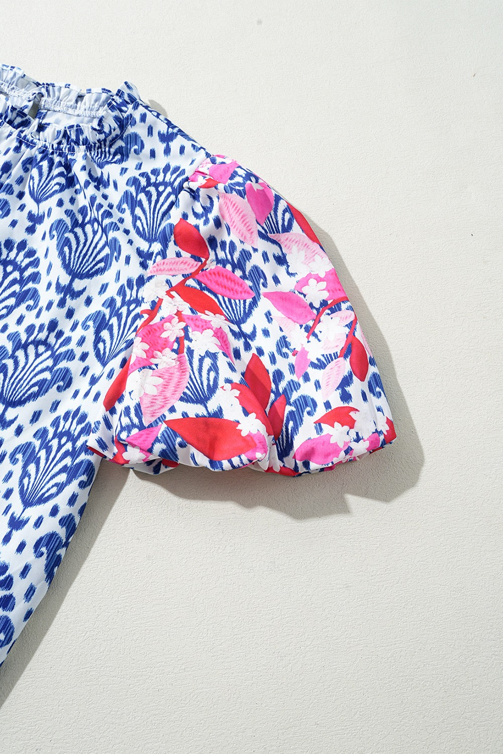 Blue Frill Neck Puff Sleeve Blouse