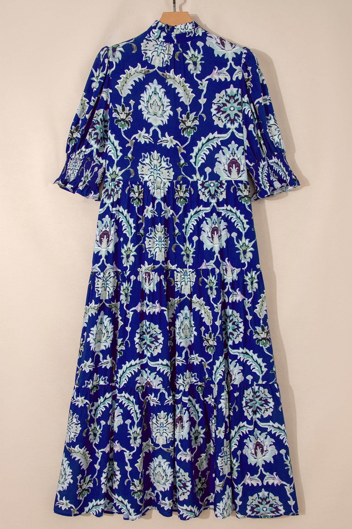 Blue Wild Floral Print Frilled Collar Half Sleeve Maxi