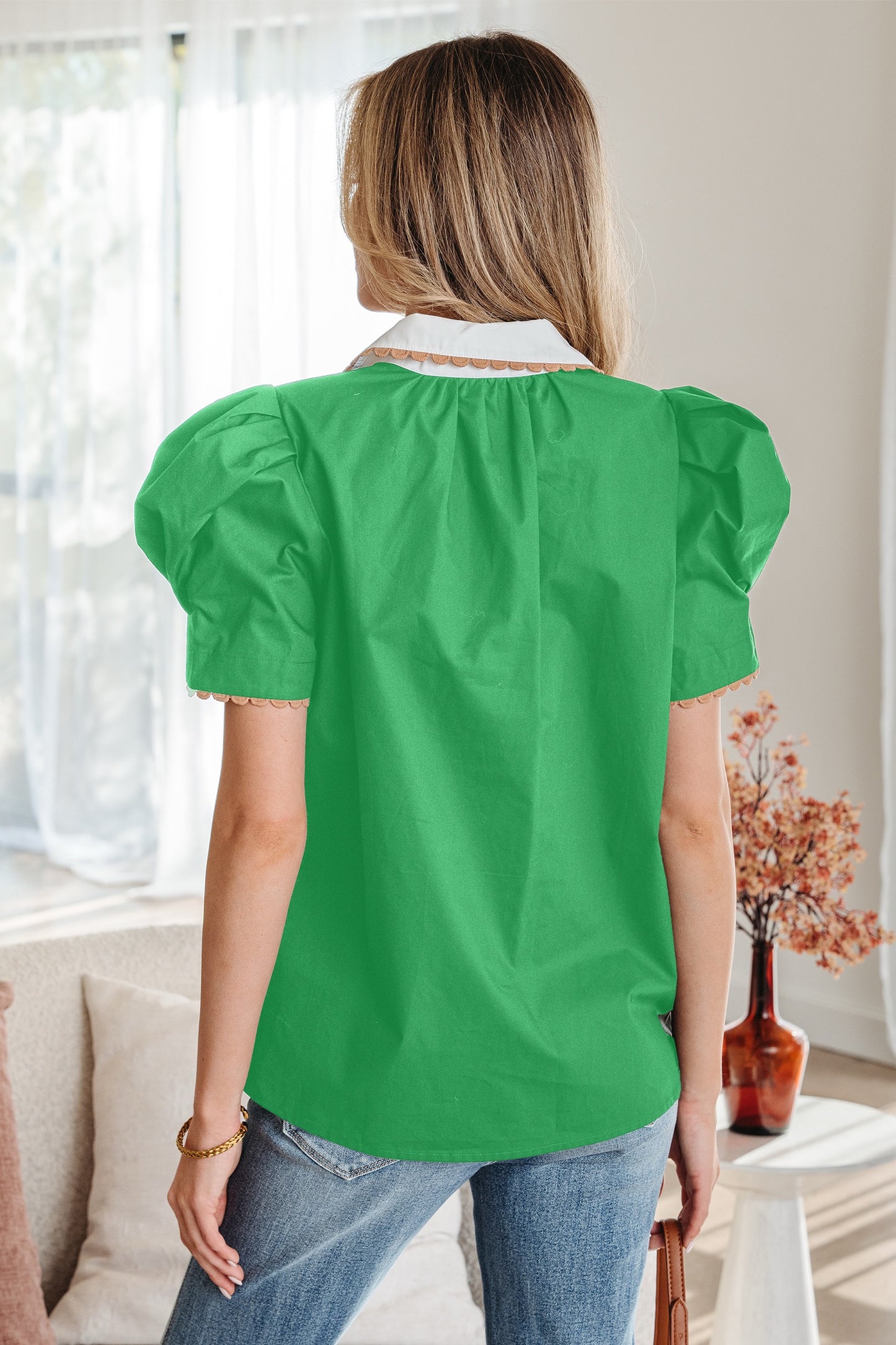 Bright Green Ricrac Trim Color Block Patchwork Collar Short Sleeve Shirt