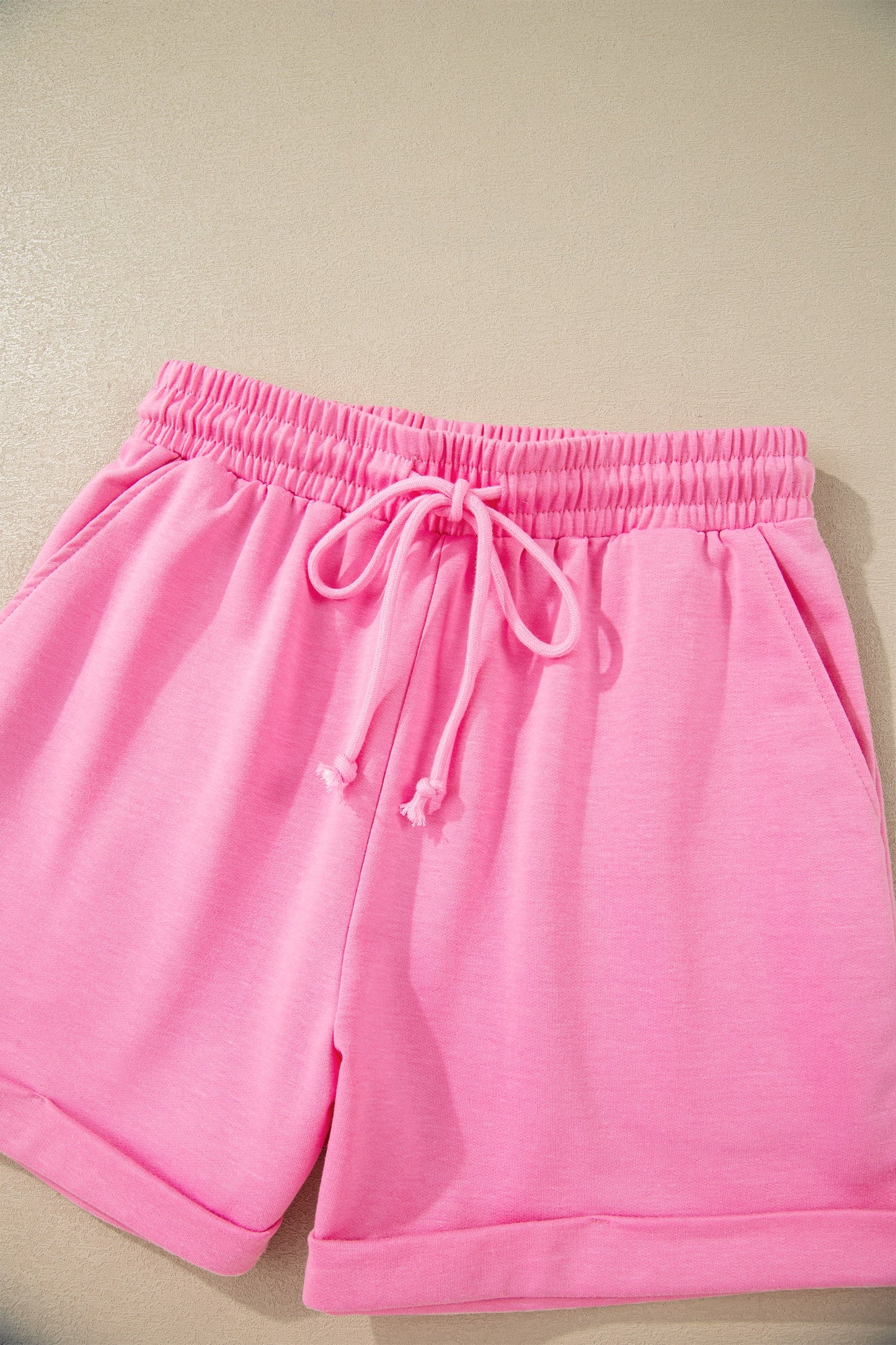 Pink Collared V Neck Tee Drawstring Elastic Waist Shorts 2pc Set