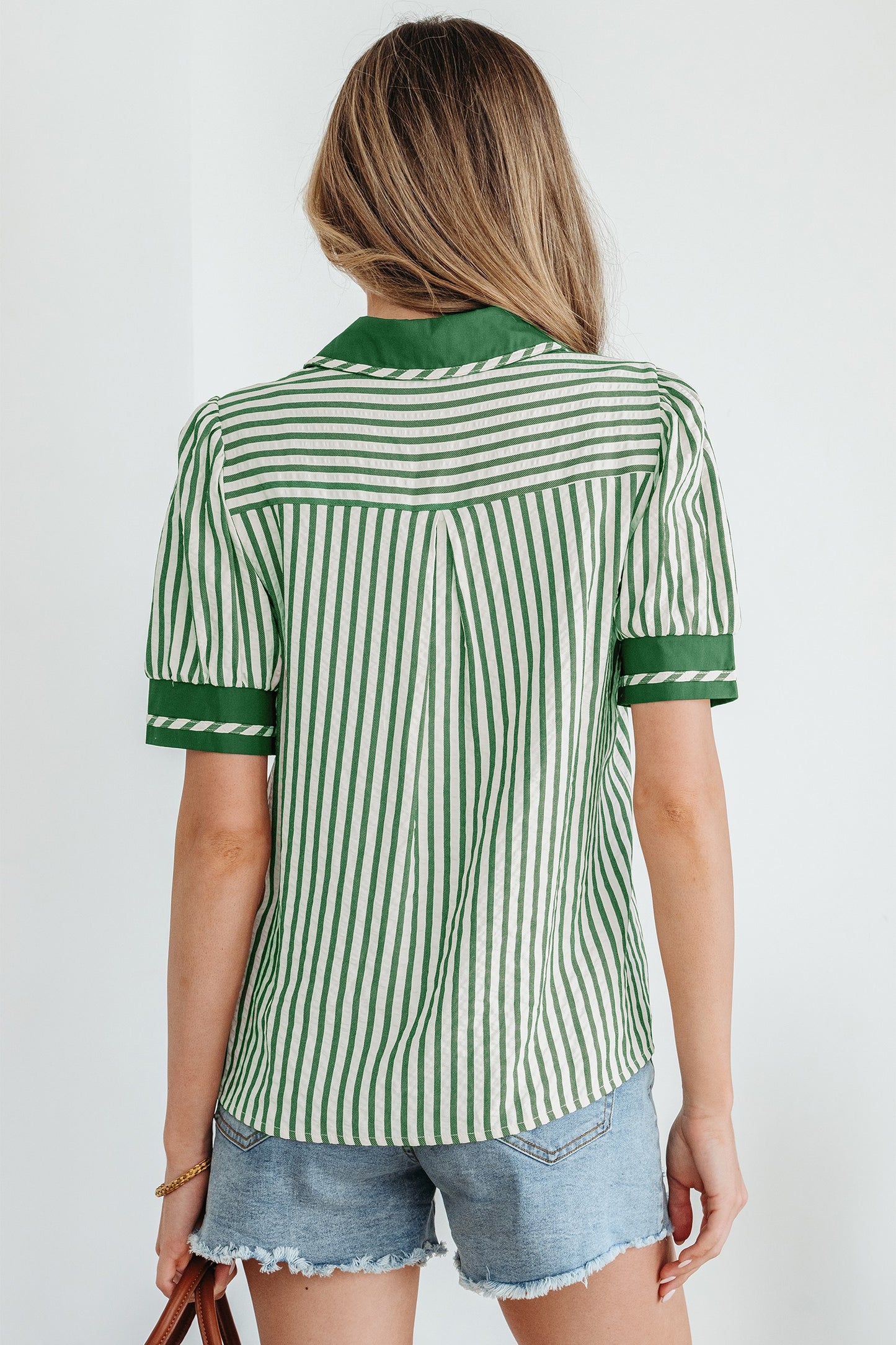 Green Stripe Double Ruffled Short Sleeve Top