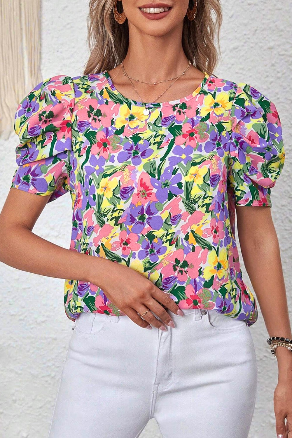 Blouse Purple Floral Print Puff Short Sleeve Crew Neck Blouse