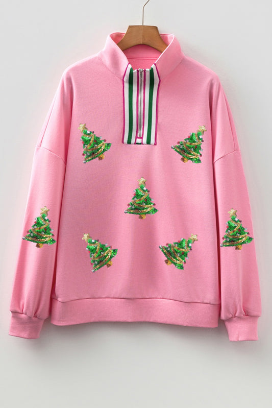 Sachet Pink Contrast Patchwork Zip Collar Sequin Christmas Tree Graphic Sweatshirt