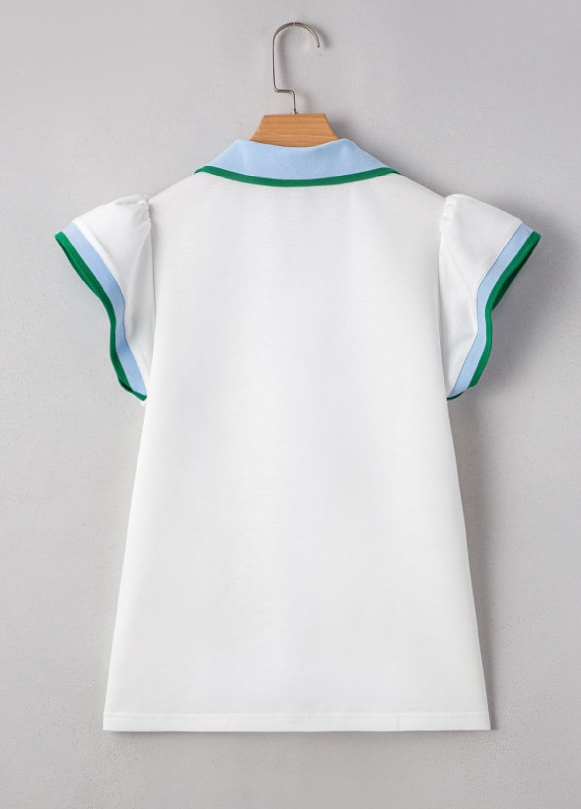 White Pop of Color Collared V Neck Ruffle Sleeve Blouse