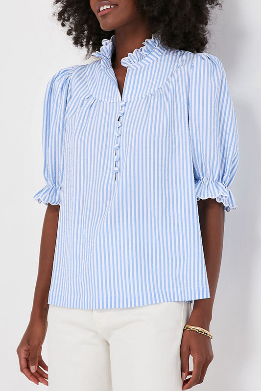 Sky Blue Striped Frill Neck Puff Sleeve Blouse