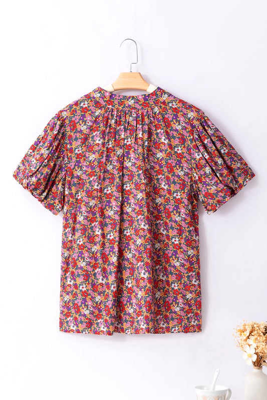 High Neck Puff Sleeve Purple Floral Blouse