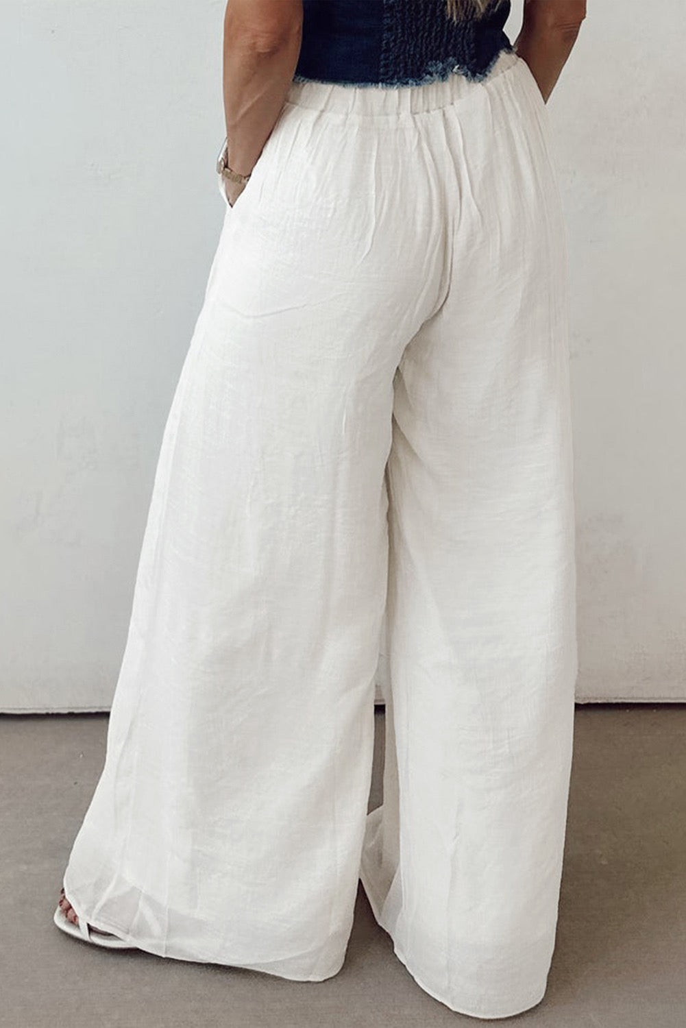 White Solid Drop Waist Pleated Wide Leg Pants
