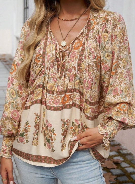 Yellow Floral Lantern Sleeve Blouse