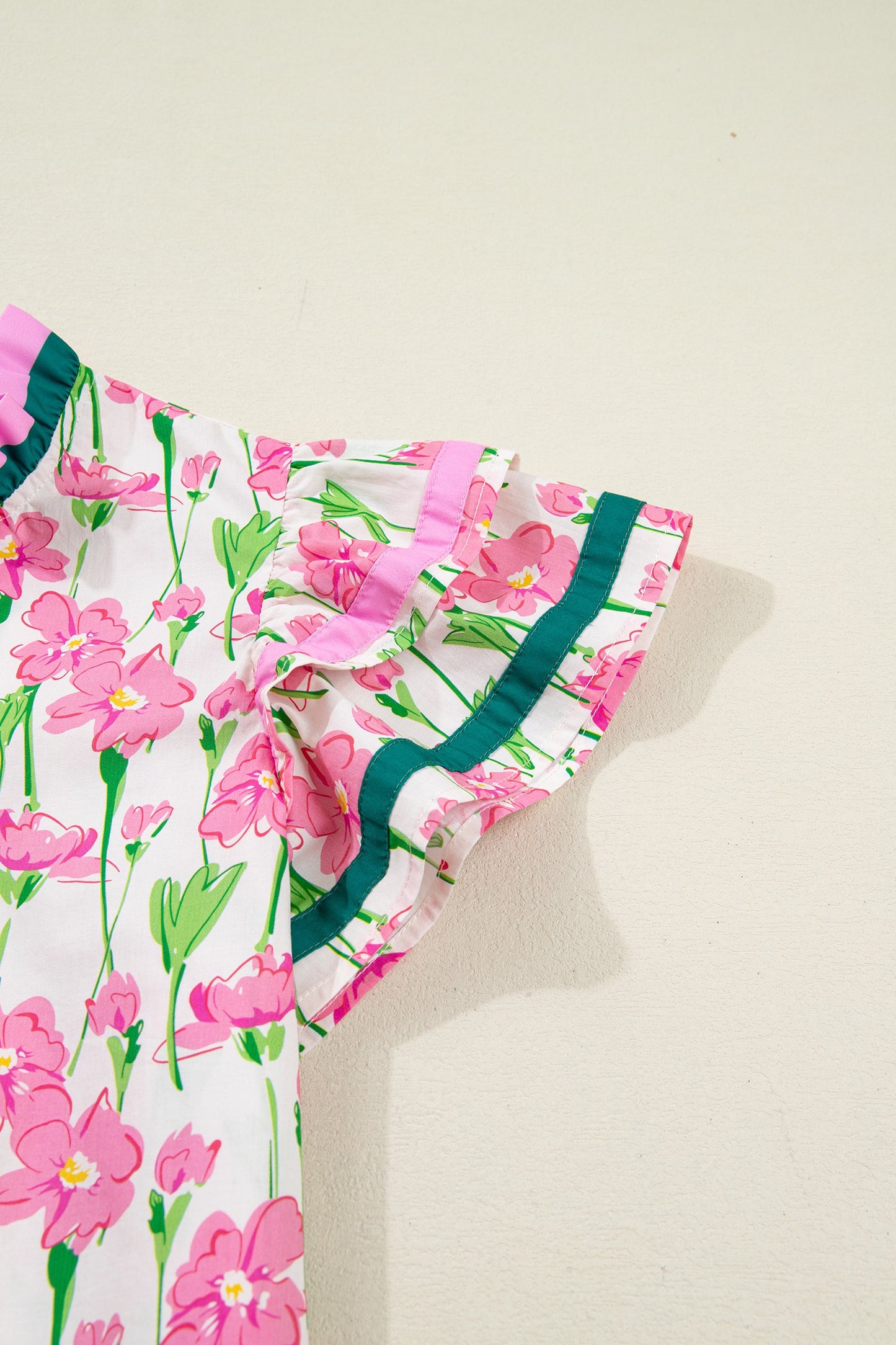 Pink Floral Print Contrast Trim V Neck Double Ruffled Short SleeveTop