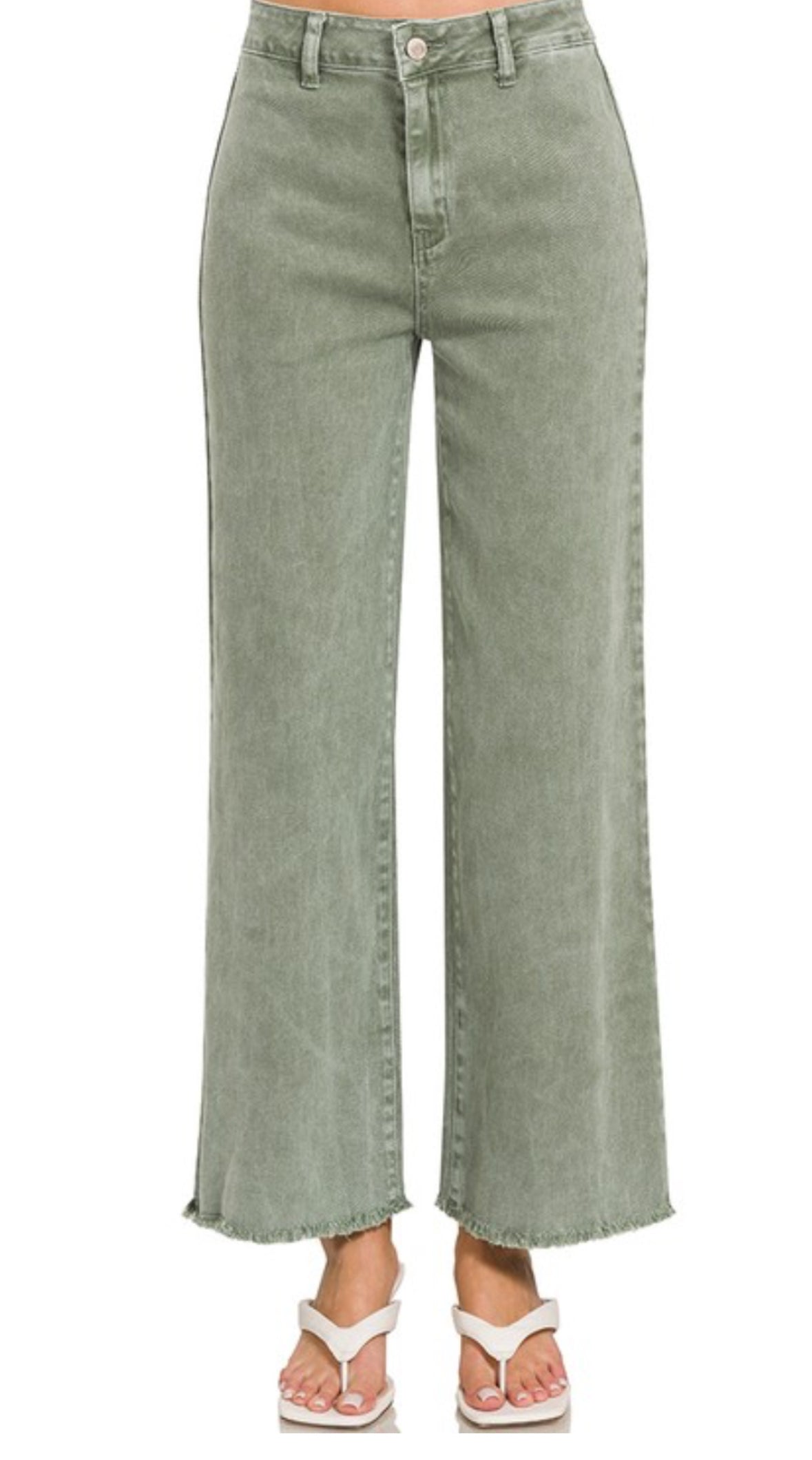 Zenana Frayed Cut Off, Straight Wide Leg Pants- olive Green