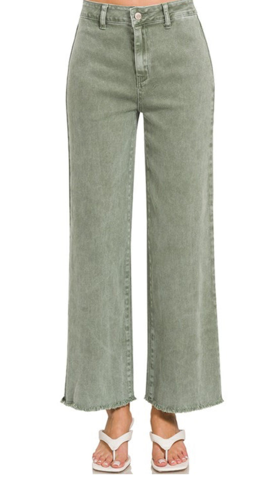 Zenana Frayed Cut Off, Straight Wide Leg Pants- olive Green