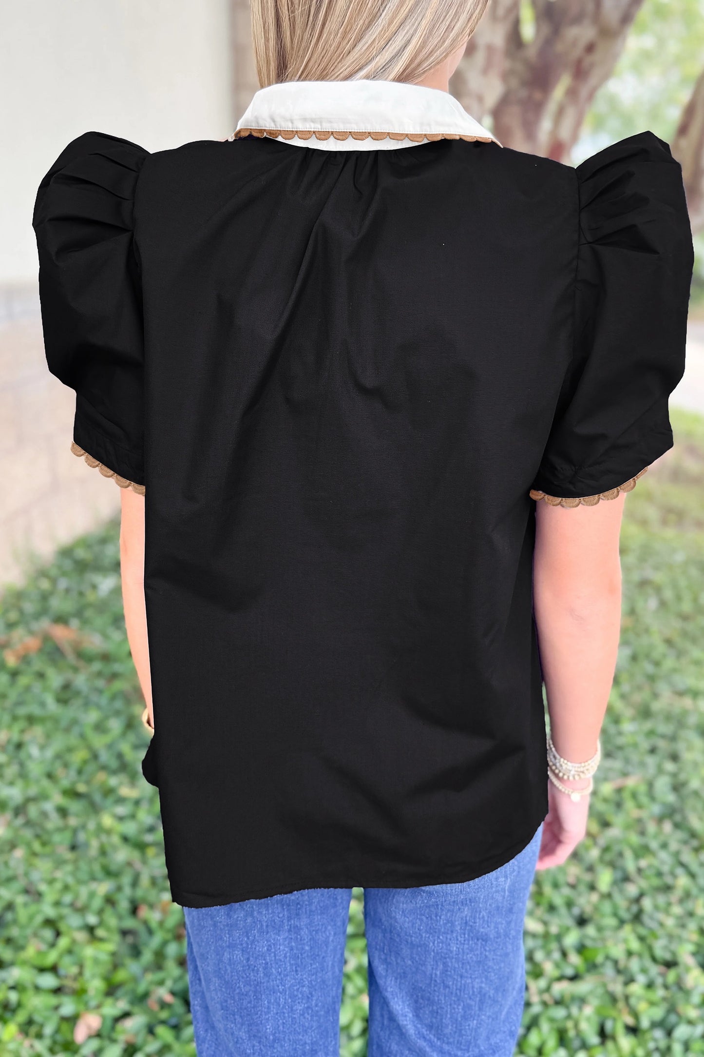 Black Ricrac Trim Color Block Patchwork Collar Short Sleeve Shirt