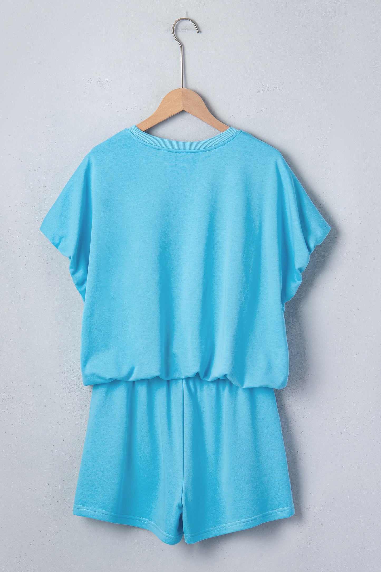Blue Solid Color Puffy Loose Top Drawstring Shorts 2pcs Outfit