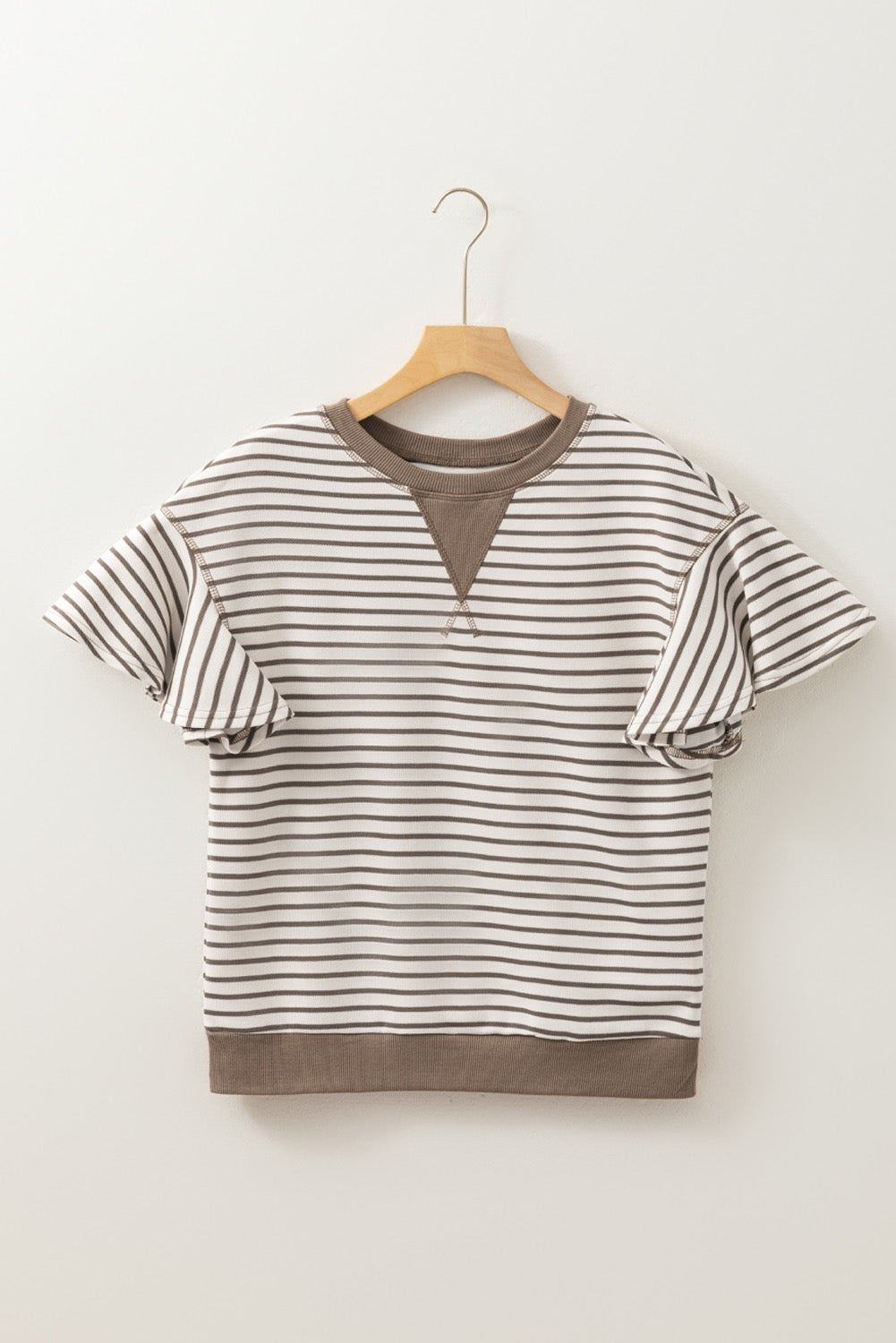 Brown Contrast Detail Striped Ruffle Short Sleeve Top