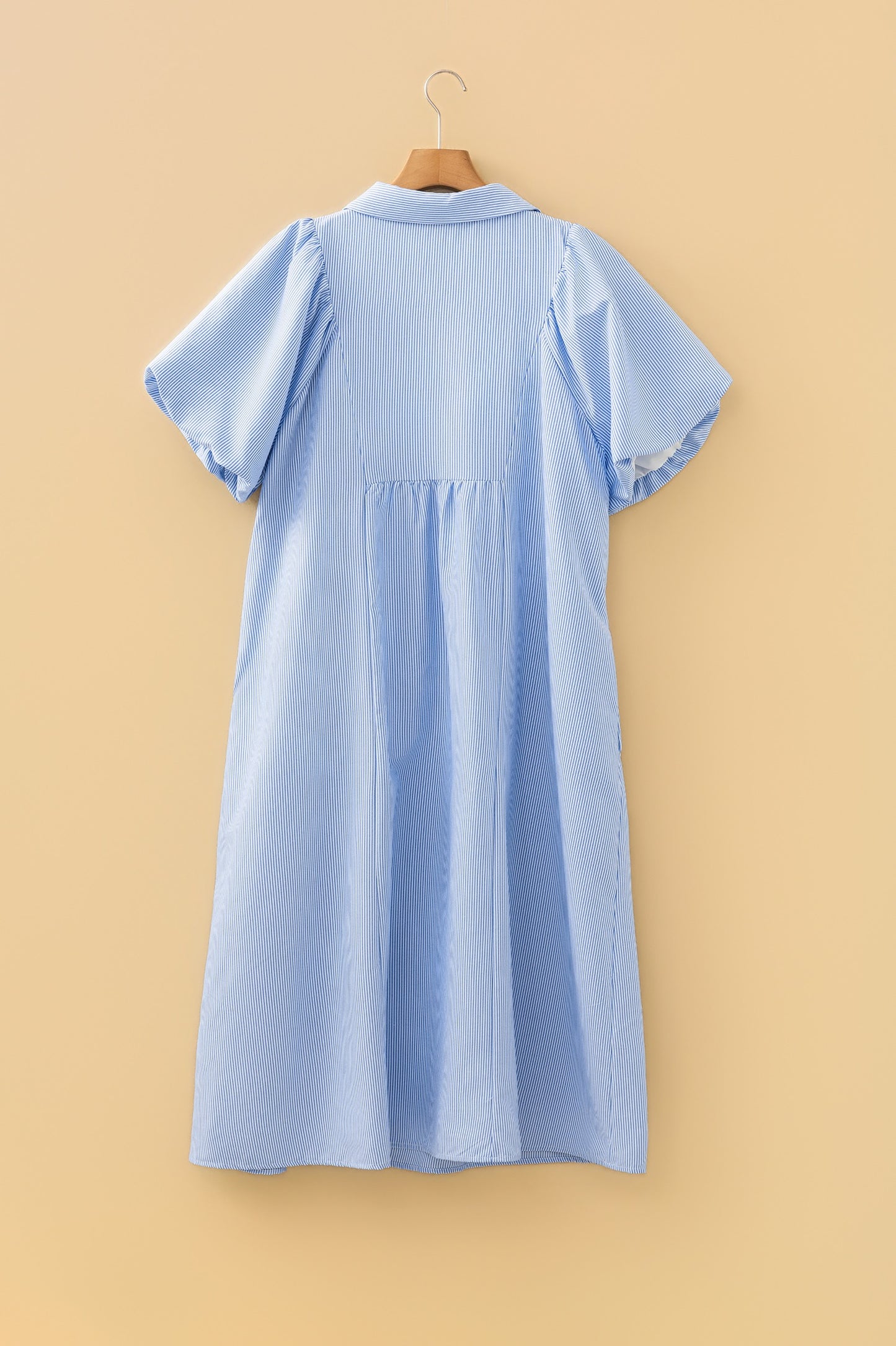 Sky Blue Stripe Shirred Detail Collar V Neck Plus Size Midi