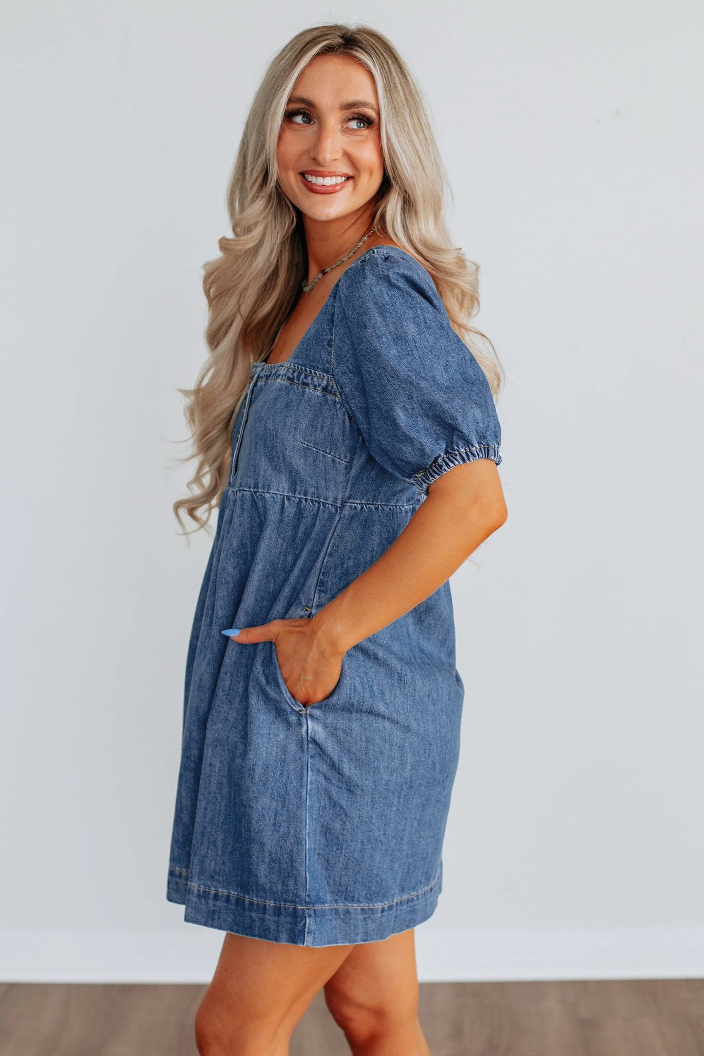 Square Neck Short Puff Sleeve Denim Dress