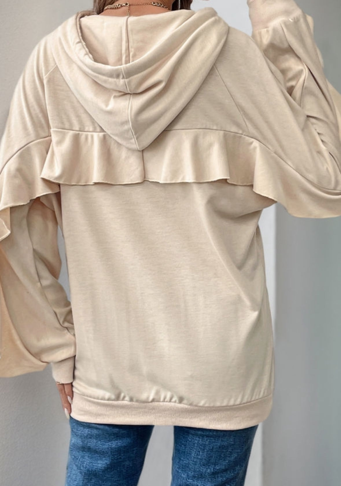 Beige Ruffled Edge Drawstring Hoodie