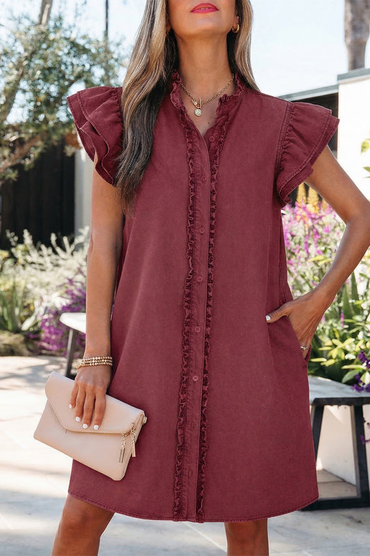 Red Sandalwood Frilled Detail Button Down Ruffle Short Sleeve Denim Dress