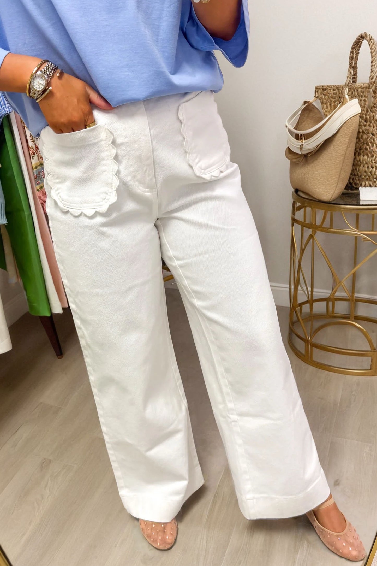 White Print Scalloped Patch Pocket Cotton Shift Pants