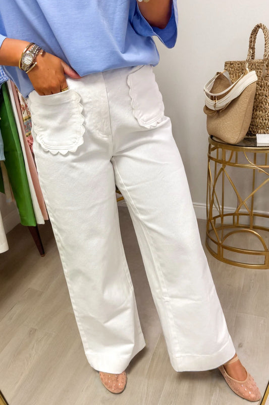 White Print Scalloped Patch Pocket Cotton Shift Pants