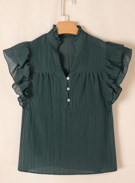 Green V Neck Ruffle Sleeve Blouse