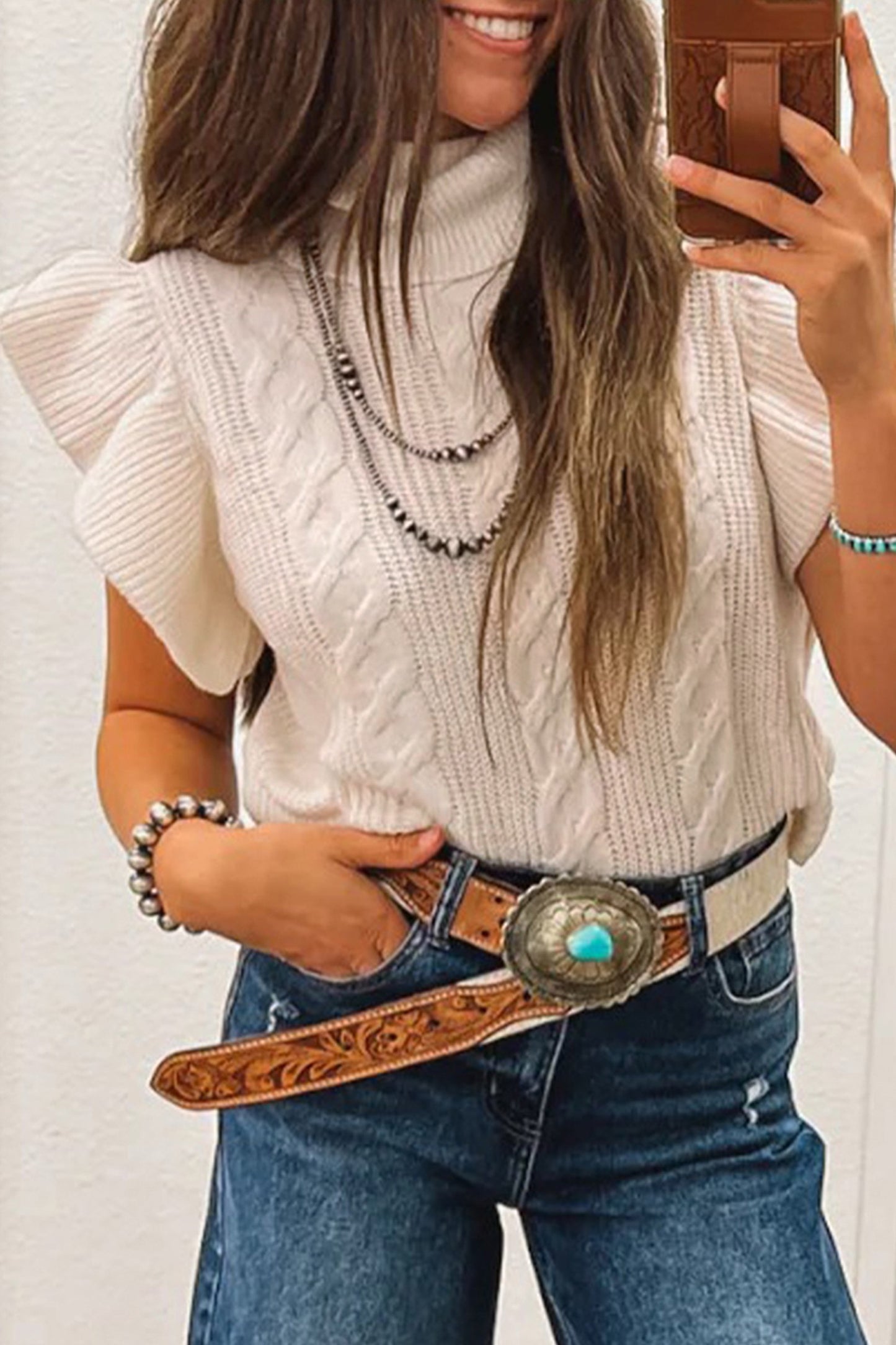 Cable Knit Turtleneck Ruffled
Short Sleeve Sweater