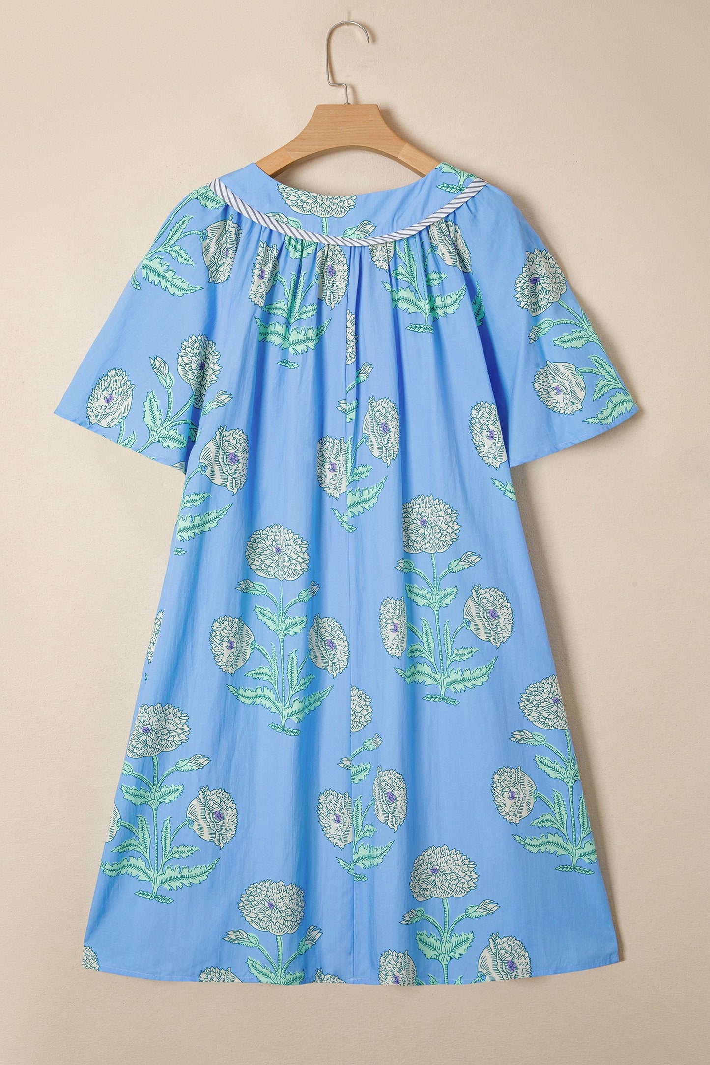 Blue Plus Periwinkle Floral Printed Short Sleeve Striped Trim Split Neck Mini Dress